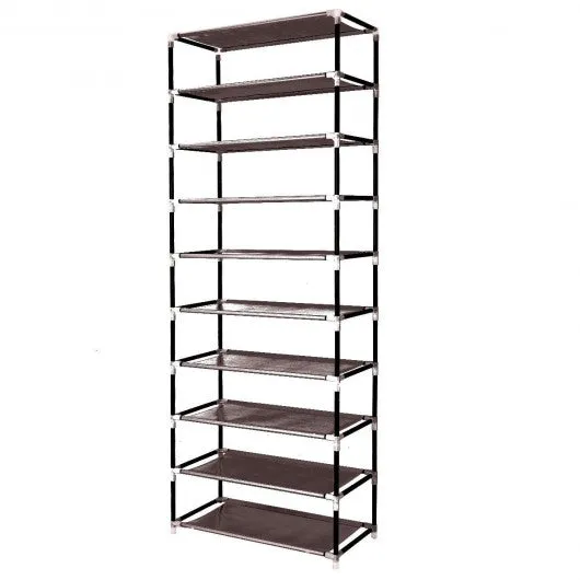 10 Tier Space Saving Shoe Tower Rack with Fabric Cover-Brown