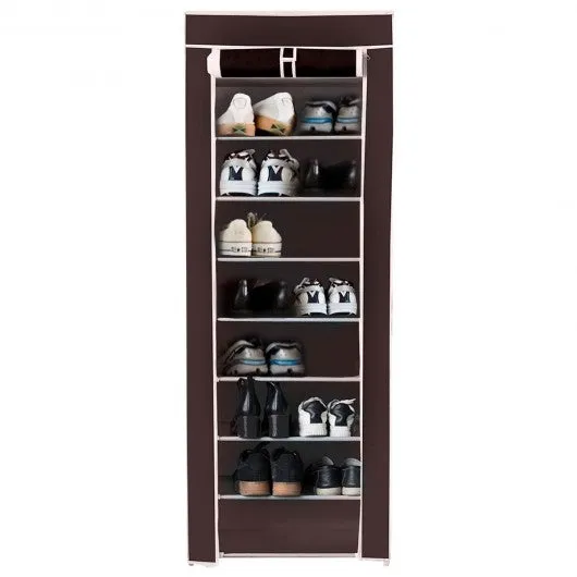 10 Tier Space Saving Shoe Tower Rack with Fabric Cover-Brown