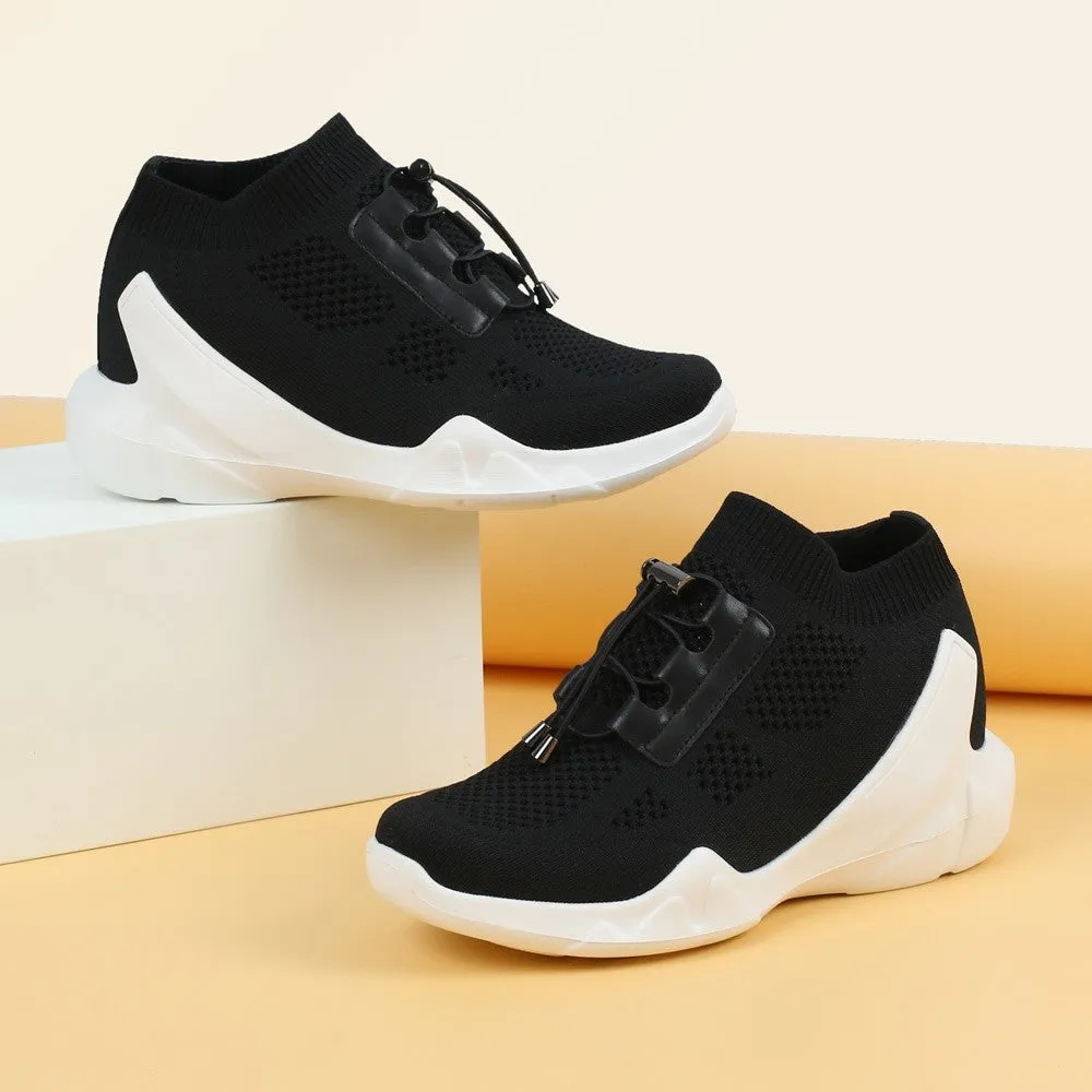 8 CM / 3.15 Inches CMR CHAMARIPA Black Knit Platform Sneakers For Women