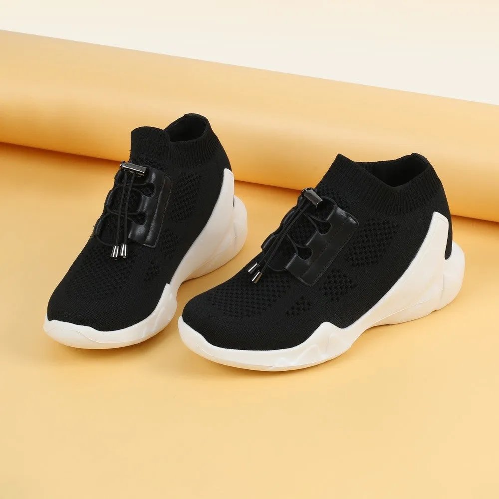 8 CM / 3.15 Inches CMR CHAMARIPA Black Knit Platform Sneakers For Women