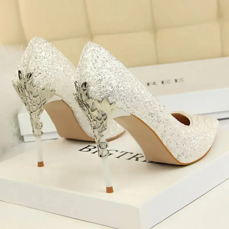 Aiertu 2024 Spring Summer New Crystal Sequins Bride Shoes High Heels Women's Fine Heel Versatile Pointed Toe Gown Single Shoes