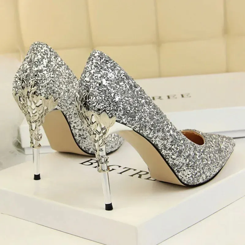 Aiertu 2024 Spring Summer New Crystal Sequins Bride Shoes High Heels Women's Fine Heel Versatile Pointed Toe Gown Single Shoes