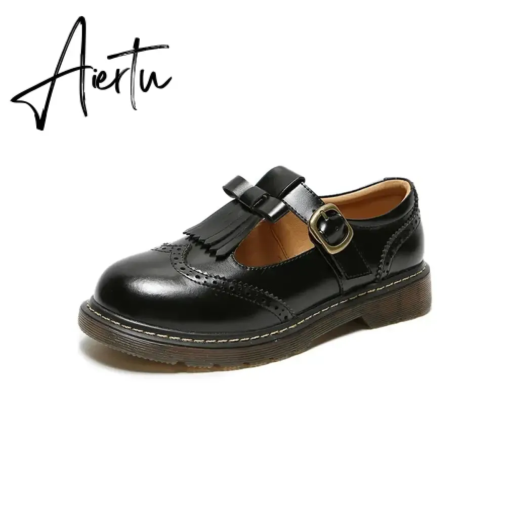 Aiertu New College Single Shoes Magic Stickers Flat Summer Shoes Female Mary Jane Shoes Genuine Leather Lolita Vintage Shoes