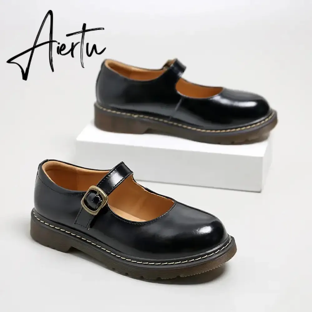 Aiertu New College Single Shoes Magic Stickers Flat Summer Shoes Female Mary Jane Shoes Genuine Leather Lolita Vintage Shoes