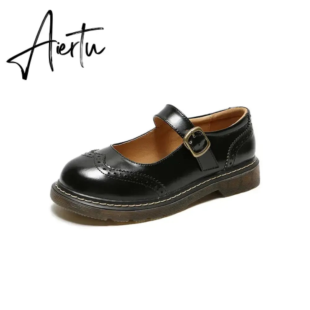 Aiertu New College Single Shoes Magic Stickers Flat Summer Shoes Female Mary Jane Shoes Genuine Leather Lolita Vintage Shoes