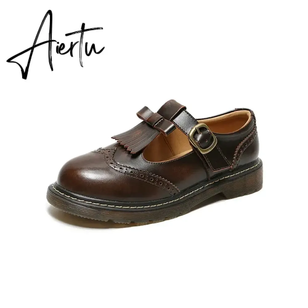 Aiertu New College Single Shoes Magic Stickers Flat Summer Shoes Female Mary Jane Shoes Genuine Leather Lolita Vintage Shoes