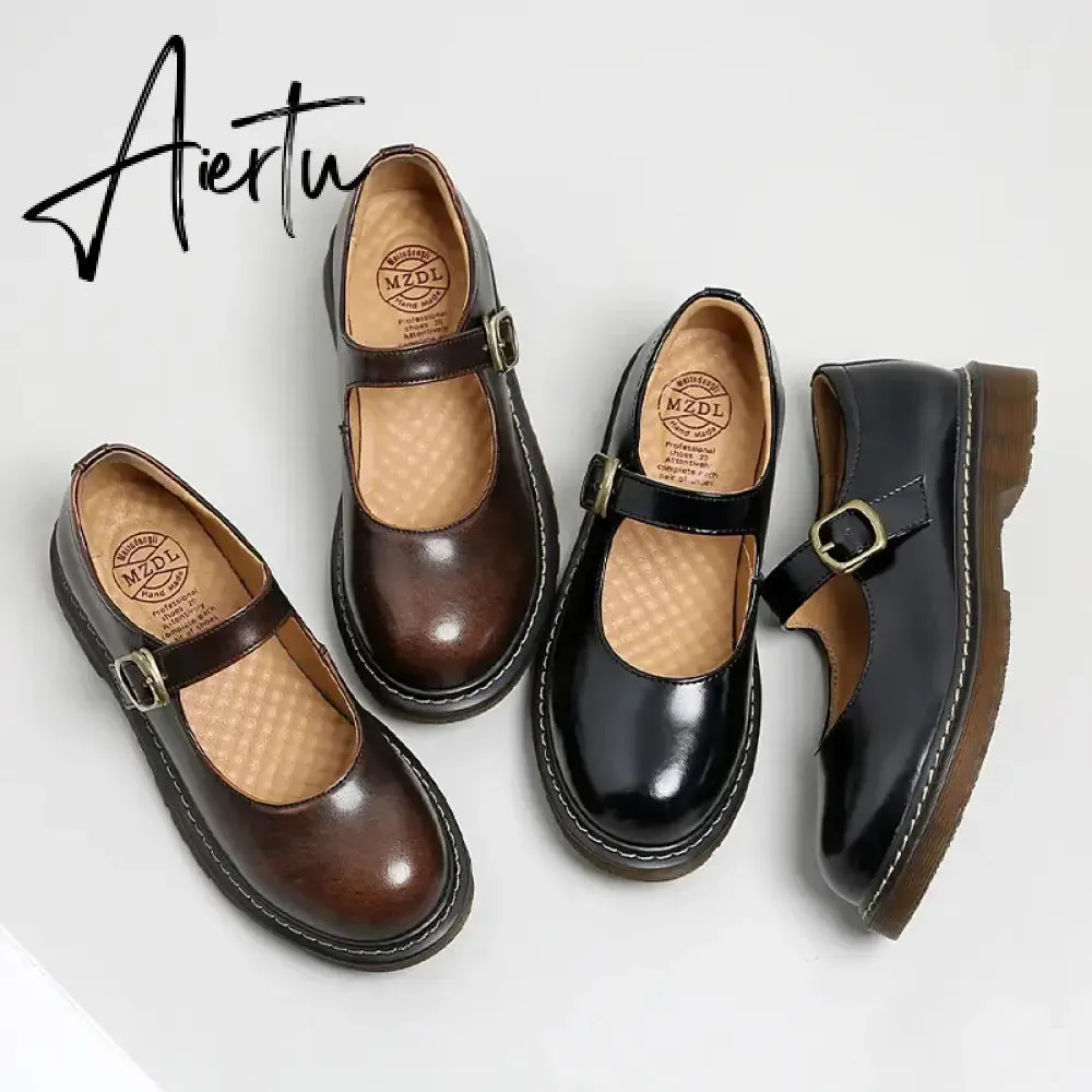 Aiertu New College Single Shoes Magic Stickers Flat Summer Shoes Female Mary Jane Shoes Genuine Leather Lolita Vintage Shoes