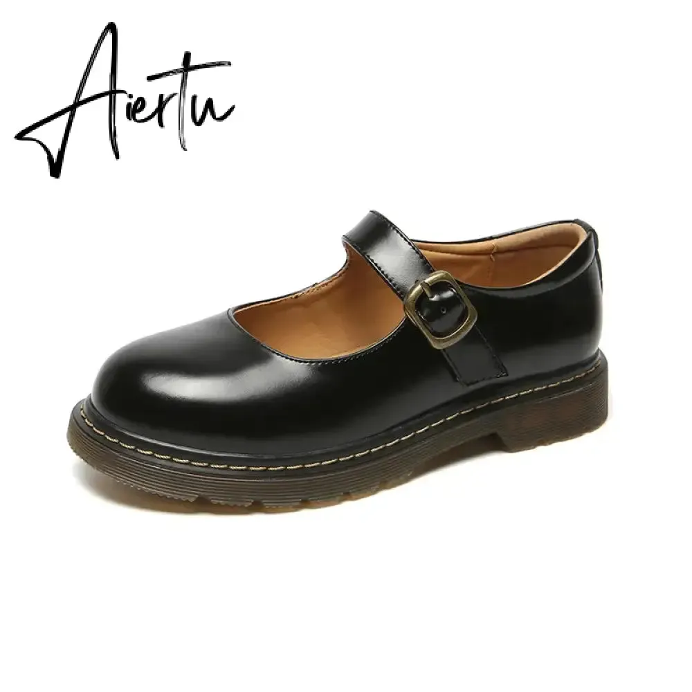 Aiertu New College Single Shoes Magic Stickers Flat Summer Shoes Female Mary Jane Shoes Genuine Leather Lolita Vintage Shoes