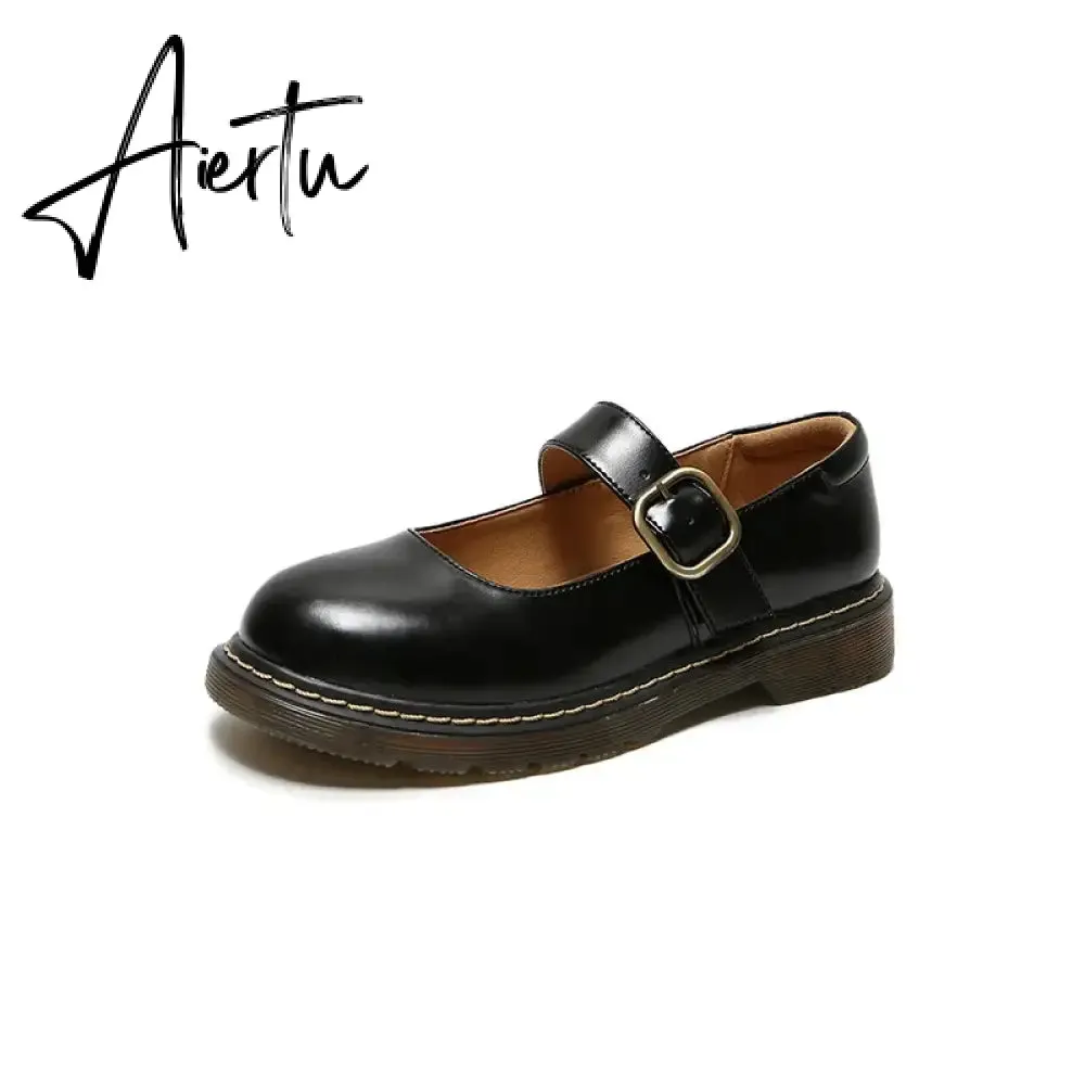 Aiertu New College Single Shoes Magic Stickers Flat Summer Shoes Female Mary Jane Shoes Genuine Leather Lolita Vintage Shoes