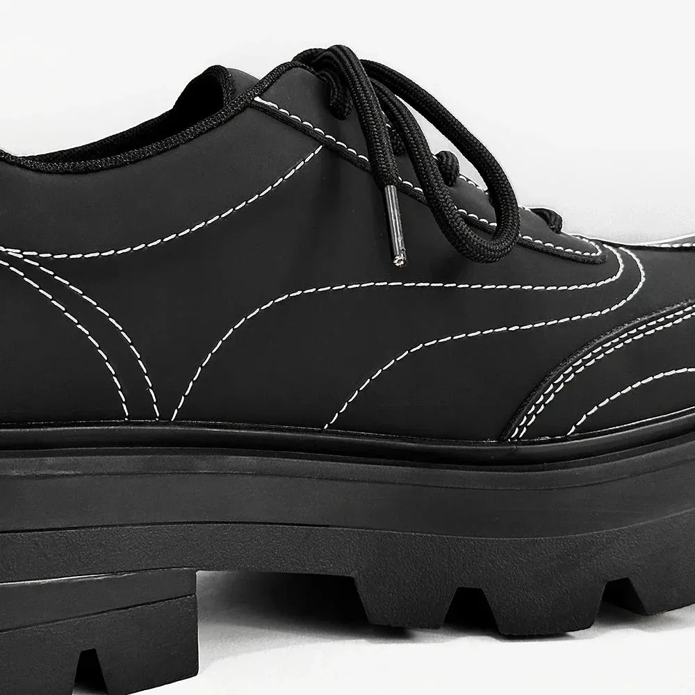 Amozae- Matt Black Contrast Stitch Chunky Oxford Shoes