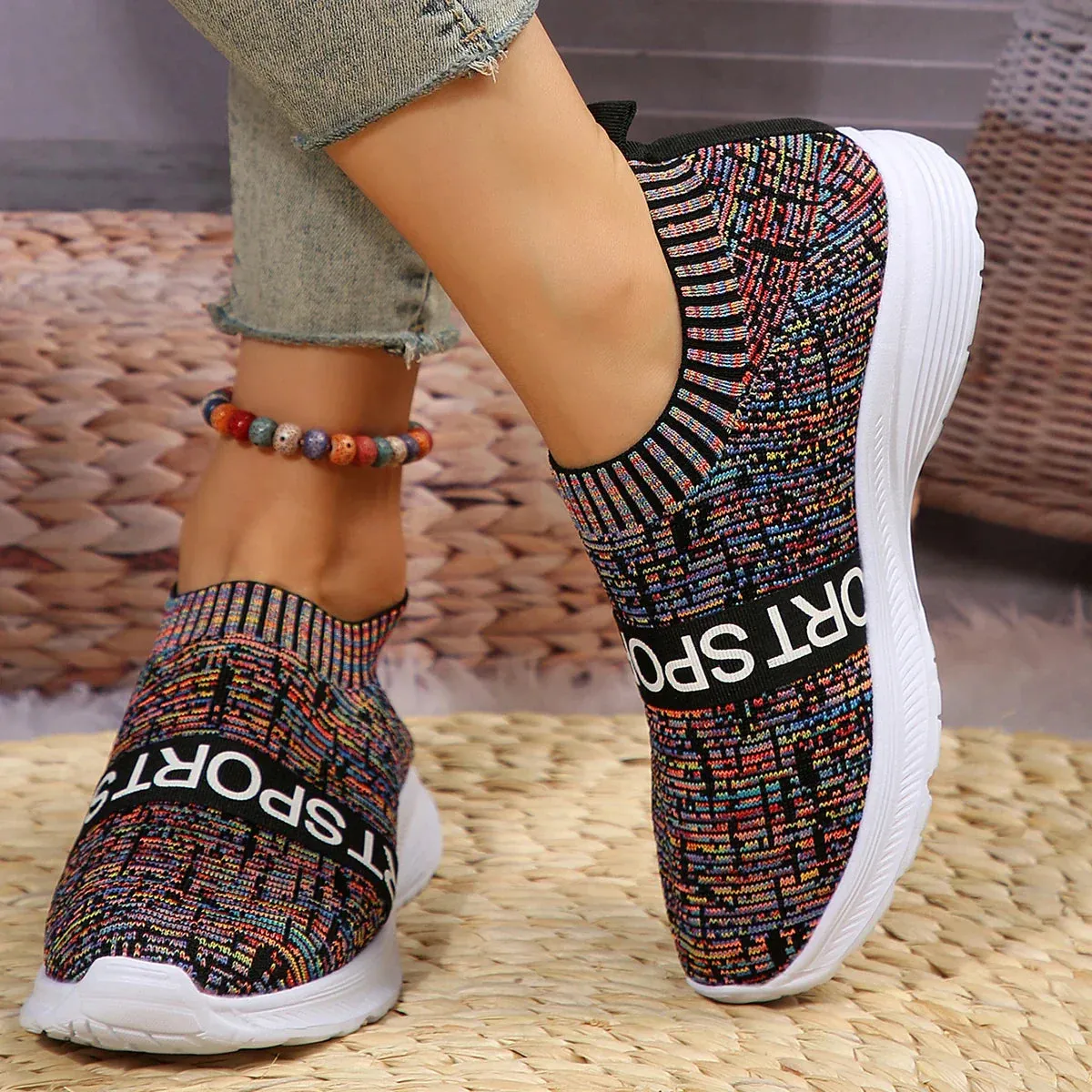 AMOZAE- - Striped Knitted Platform Sneakers Lightweight Shoes