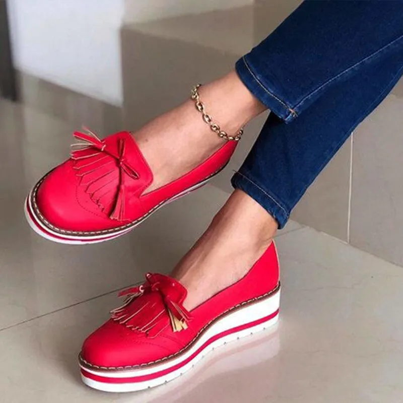 Amozae Women Tassel Bowtie Loafers Woman Slip On Sneakers Ladies Soft PU Leather Sewing Flat Platform Female Shoes All Seasons 2022 New