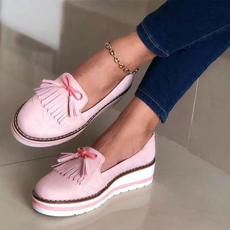 Amozae Women Tassel Bowtie Loafers Woman Slip On Sneakers Ladies Soft PU Leather Sewing Flat Platform Female Shoes All Seasons 2022 New