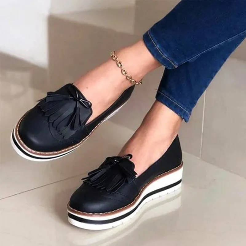 Amozae--Women Tassel Bowtie Loafers Woman Slip On Sneakers Ladies Soft PU Leather Sewing Flat Platform Female Shoes All Seasons 2024 New