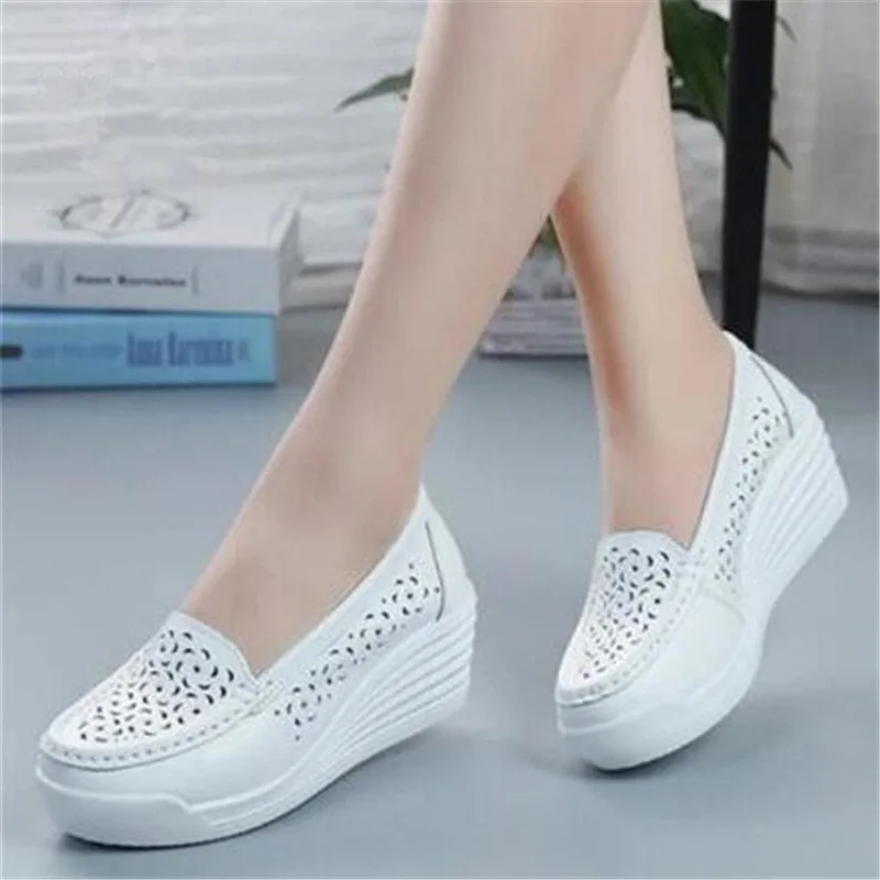 Amozae- Women's Shoes New Women's Genuine Leather Sneakers Platform Shoes Wedges White Lady Casual Flats Comfortable Mother Shoes