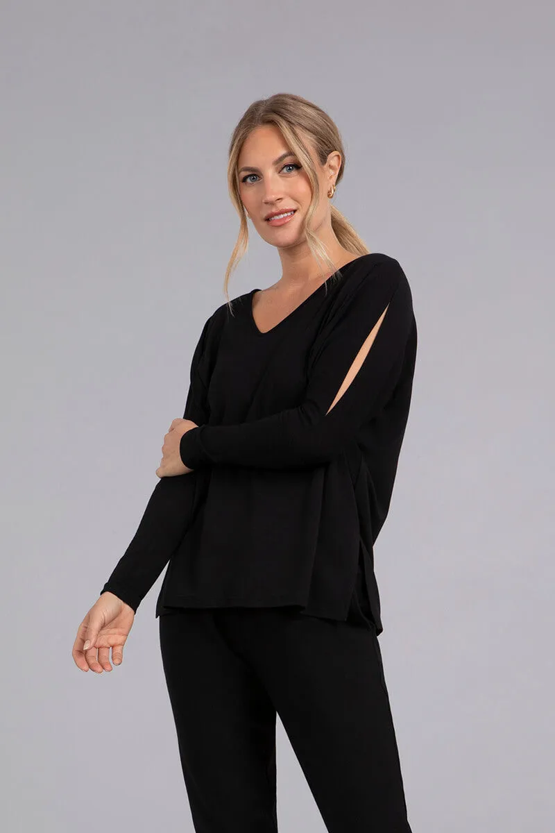 Bamboo Cotton V-Neck Slit Sleeve Top | Black