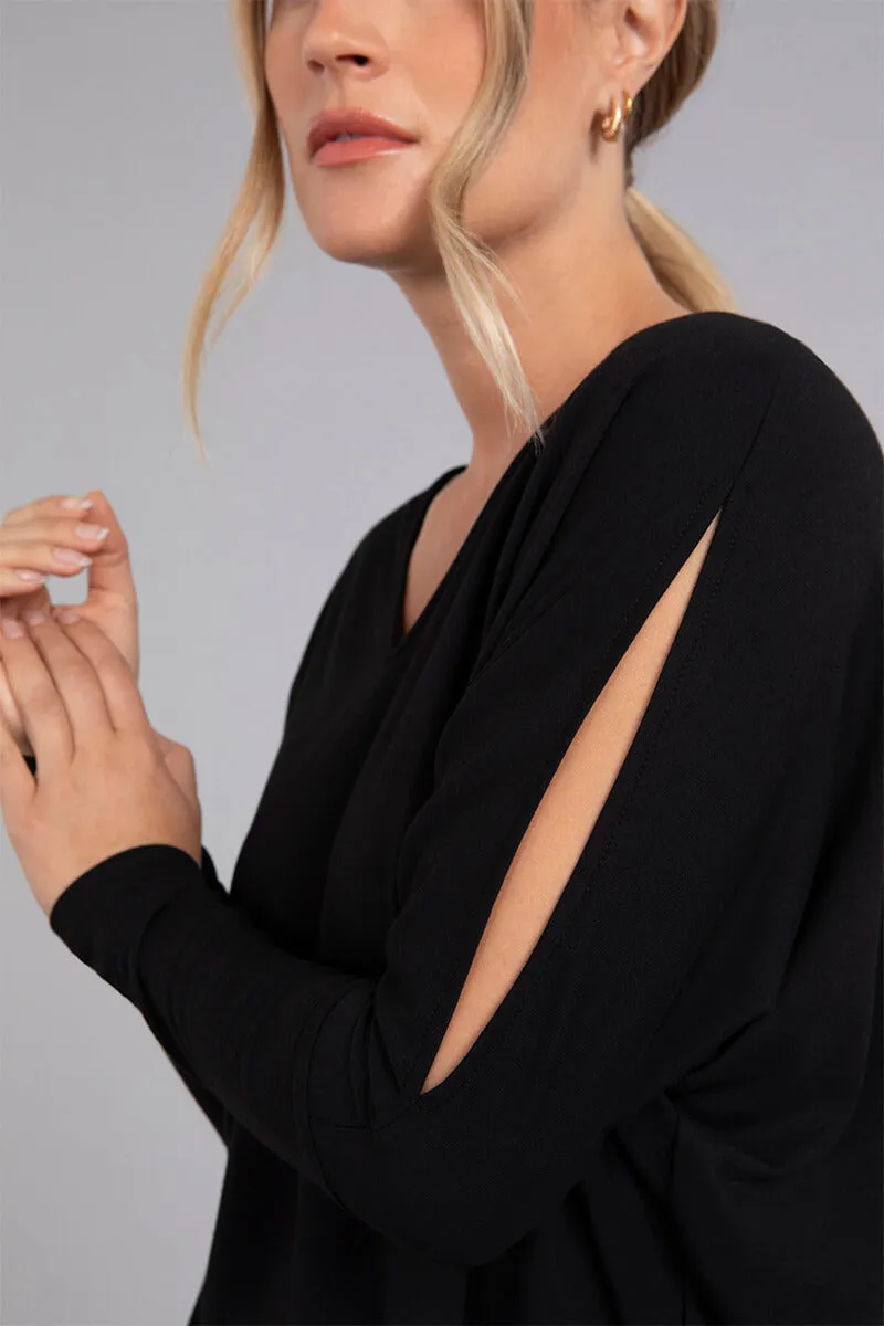 Bamboo Cotton V-Neck Slit Sleeve Top | Black