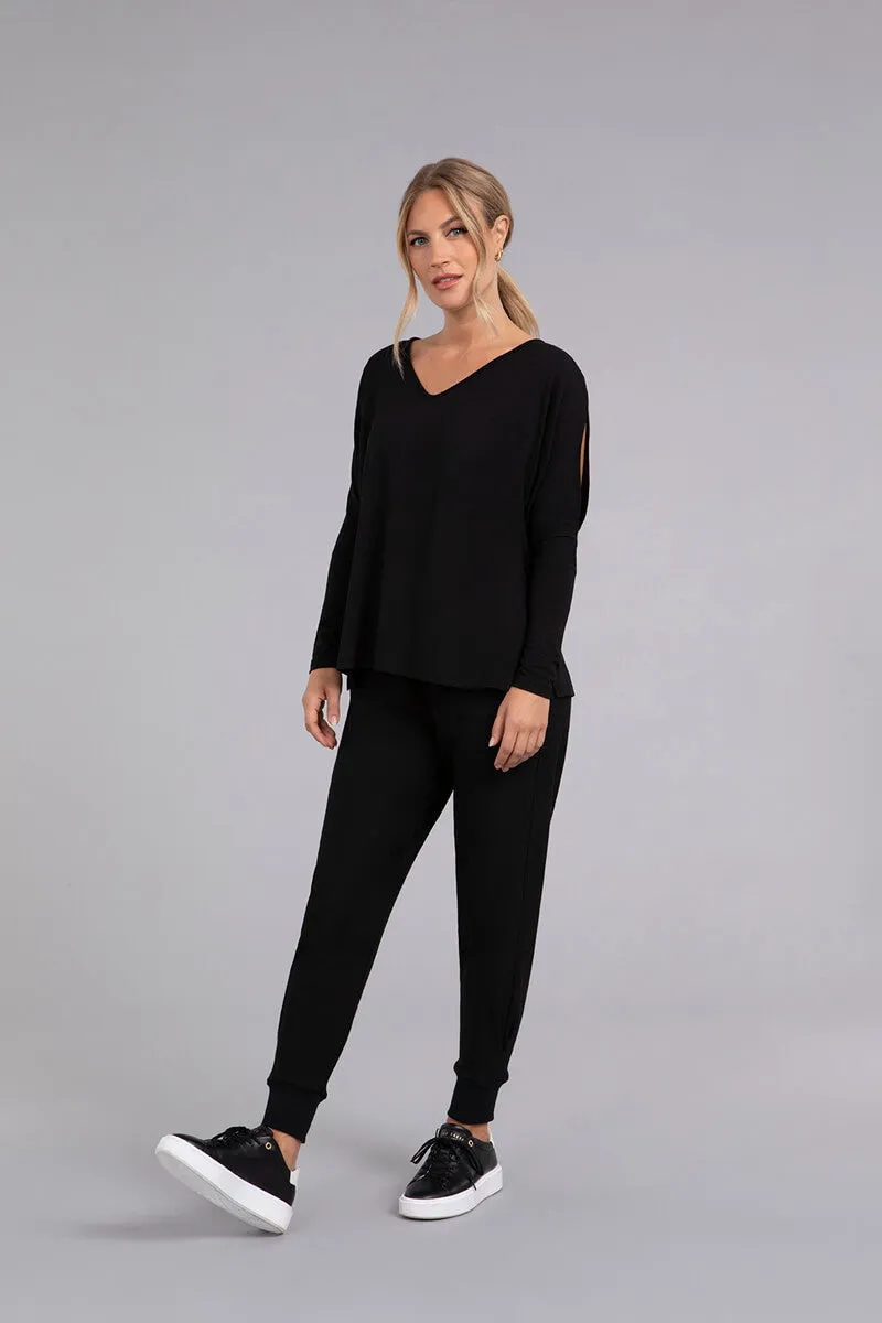 Bamboo Cotton V-Neck Slit Sleeve Top | Black