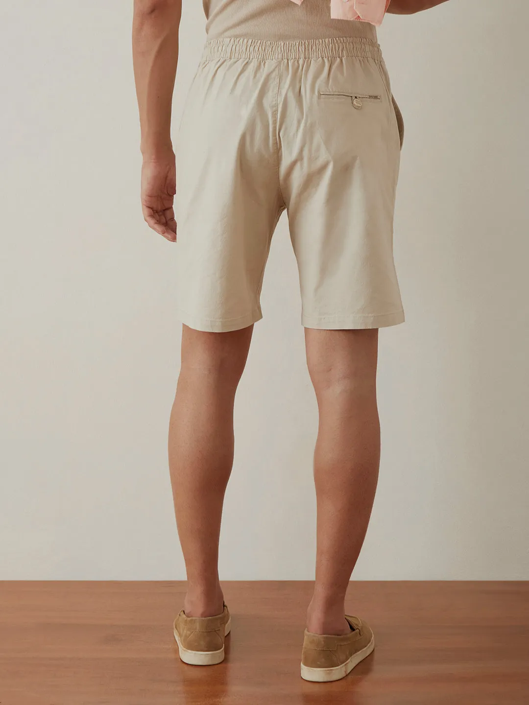 Beige Plain Athleisure Shorts