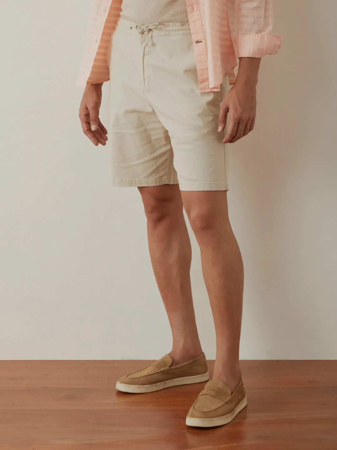 Beige Plain Athleisure Shorts