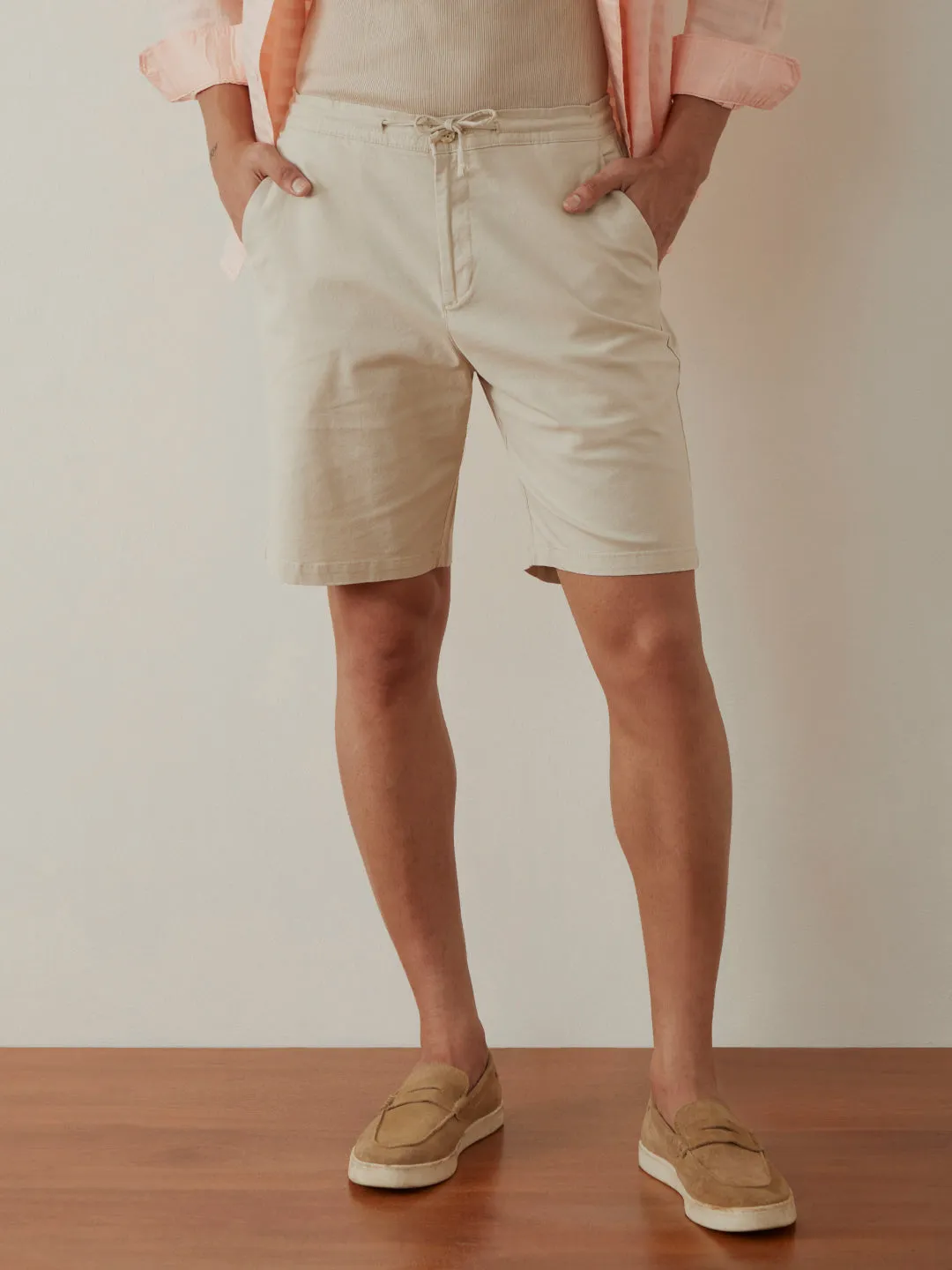 Beige Plain Athleisure Shorts