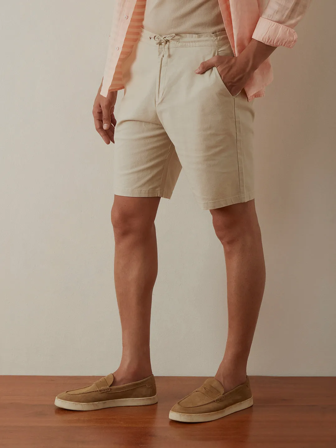 Beige Plain Athleisure Shorts