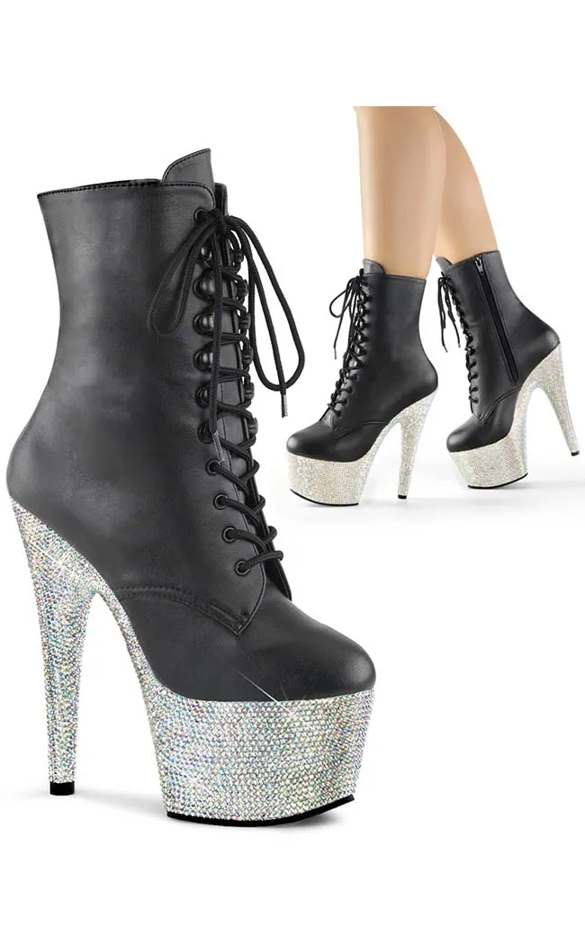 BEJEWELED-1020-7 Black Matte & Silver Rhinestone Boots