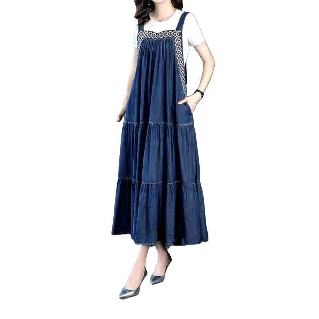 Bell-shaped embroidered denim dress