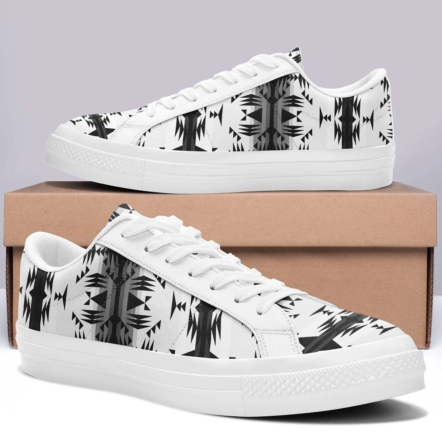 Between the Mountains White and Black Aapisi Low Top Canvas Shoes White Sole