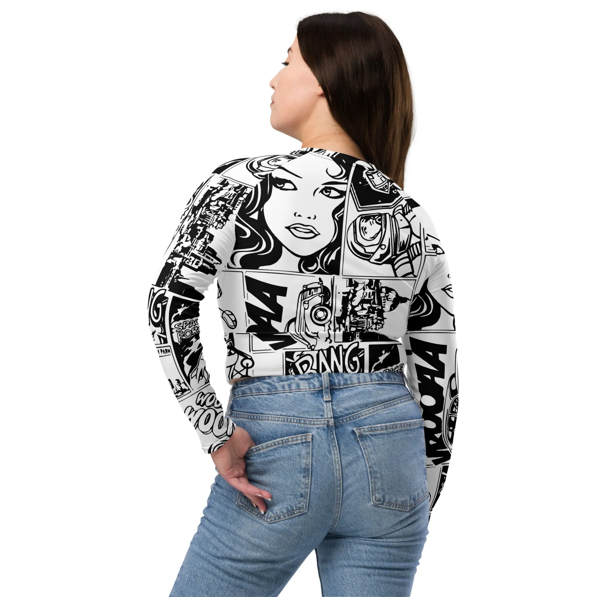 Black & White Comic Book Recycled Long-sleeve Crop Top