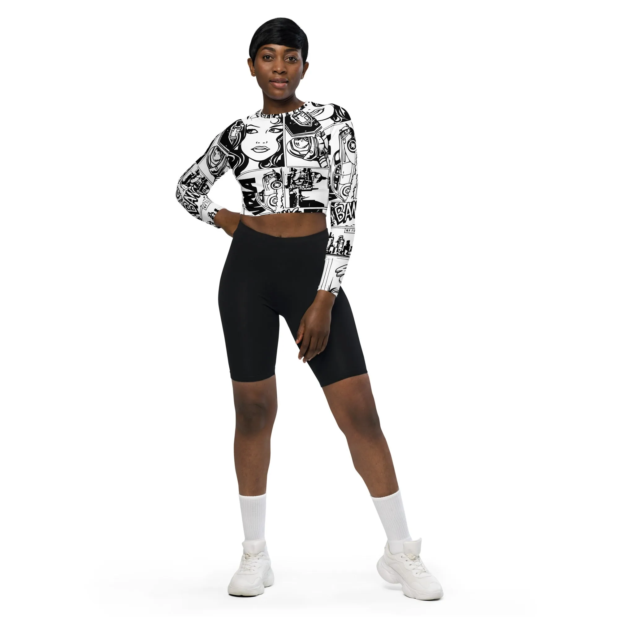 Black & White Comic Book Recycled Long-sleeve Crop Top