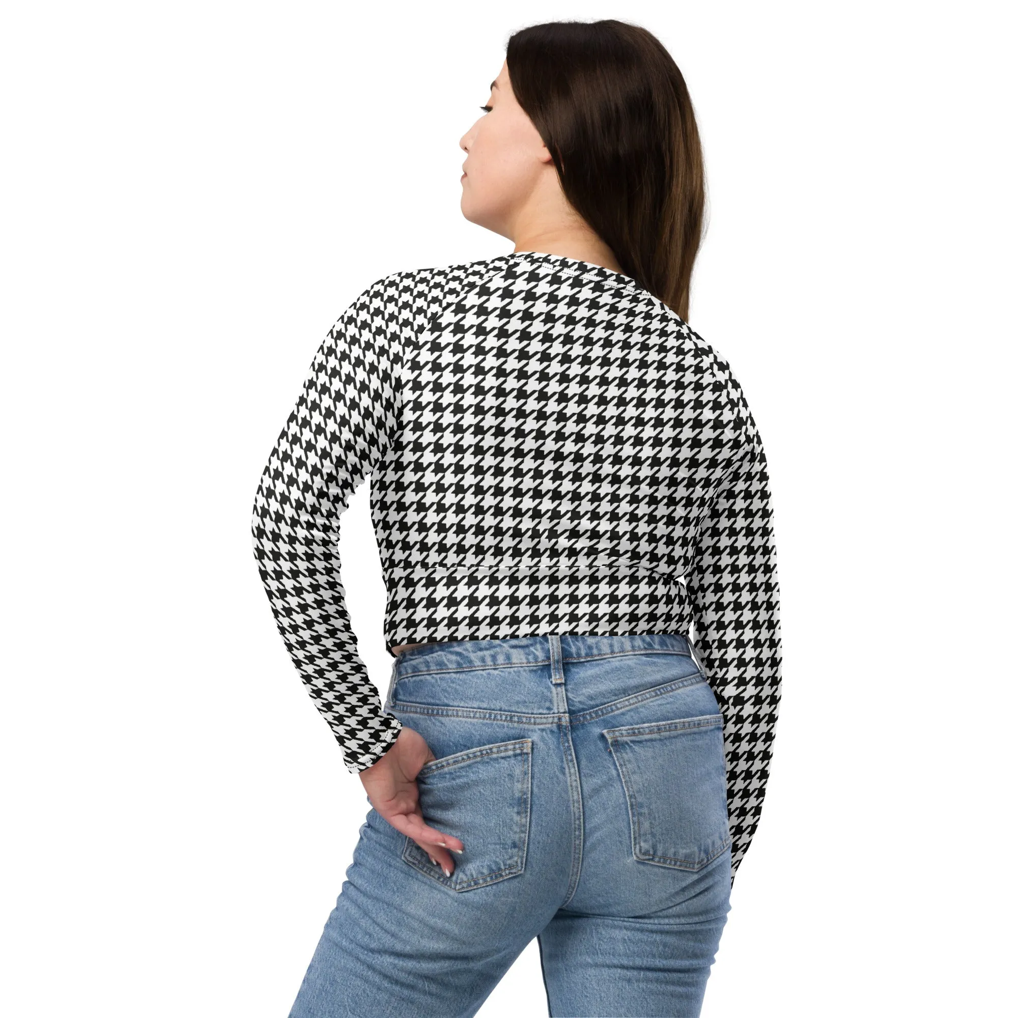 Black & White Houndstooth Print Recycled Long-sleeve Crop Top