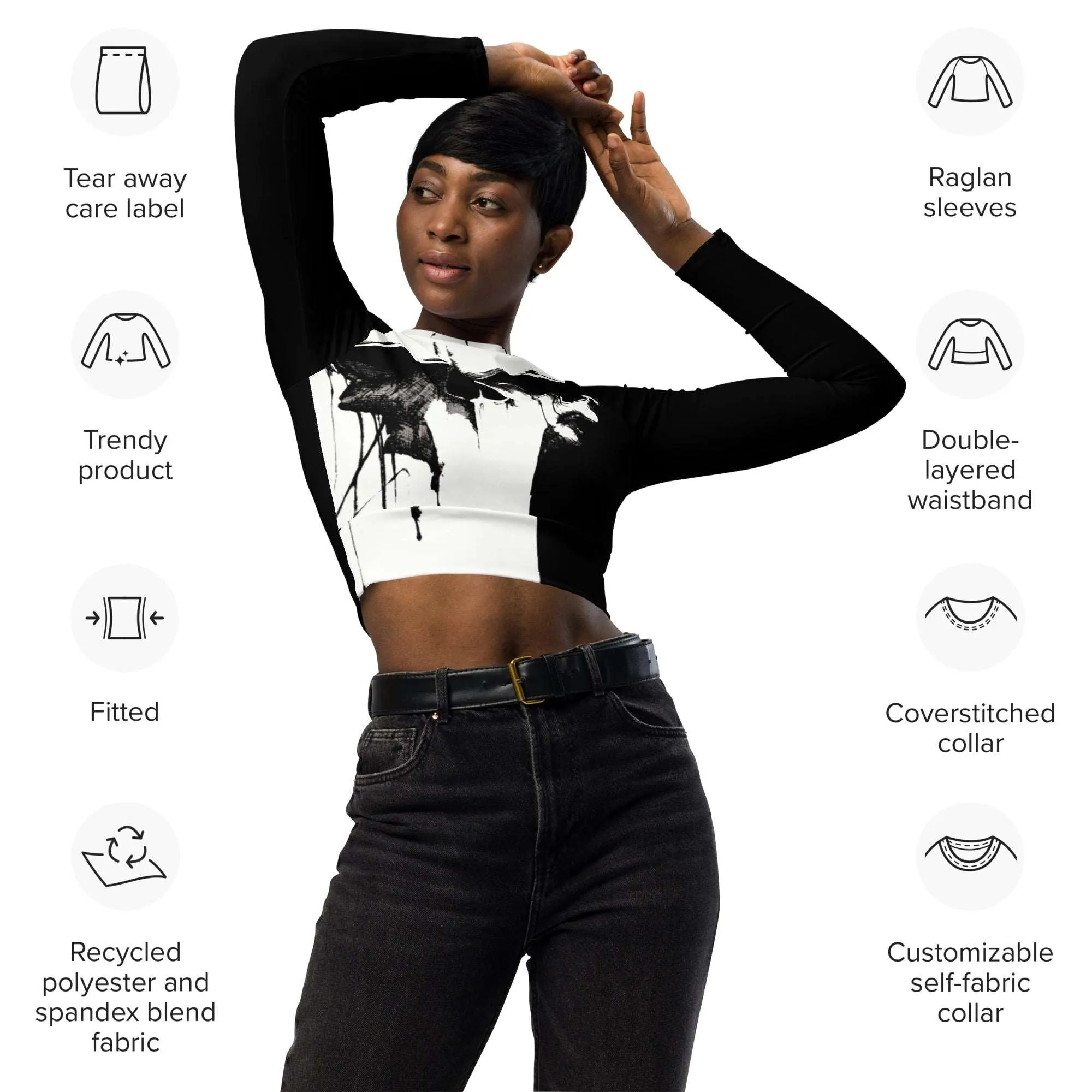 Black and White Skull Recycled long-sleeve crop top