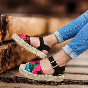 Black Embroidered Espadrille Platform Sandals