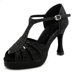 Black Satin With Black Rhinestones Samba Platform Dance Shoes