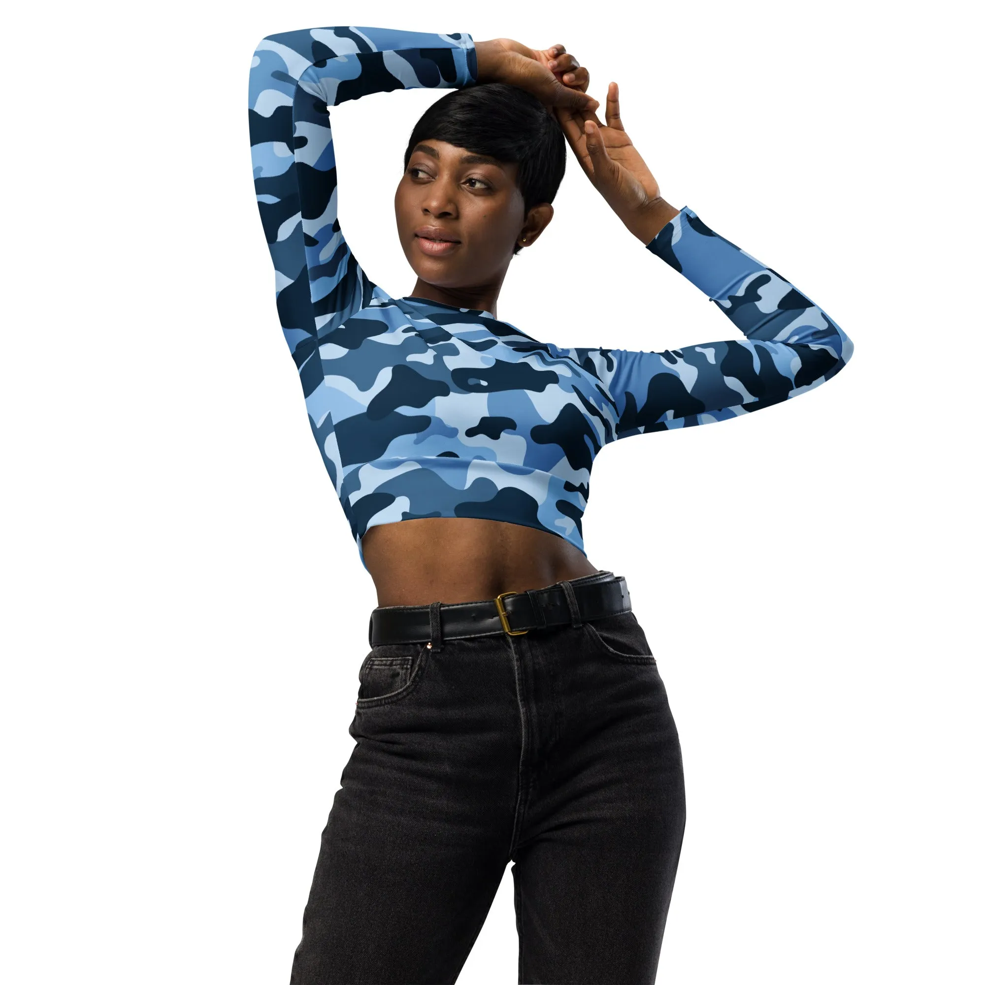 Blue Camo Recycled Long-sleeve Crop Top