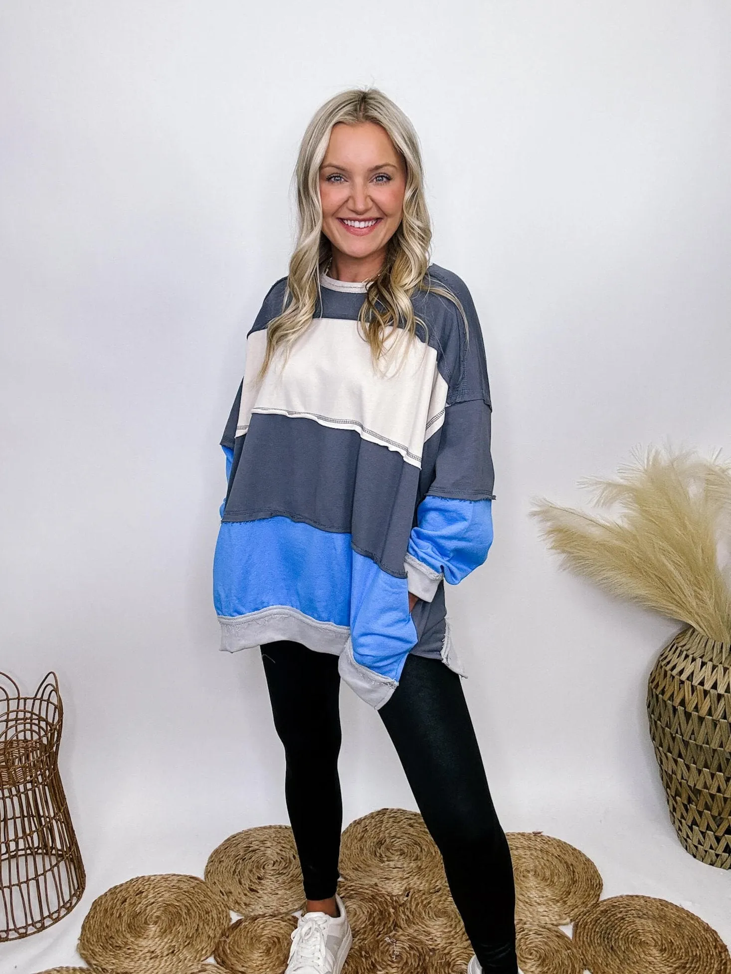 Blue Colorblock Oversized Sweatshirt with Pockets