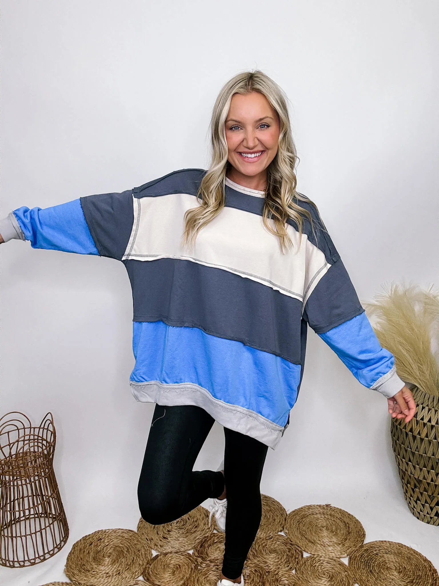 Blue Colorblock Oversized Sweatshirt with Pockets