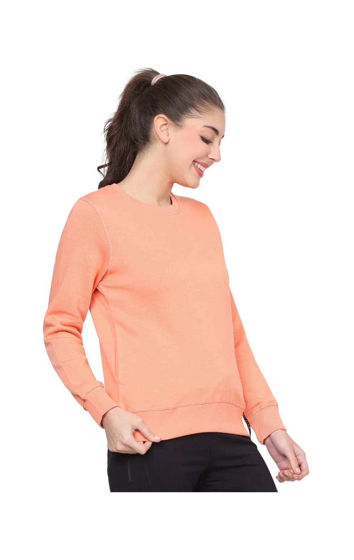 Bodyactive Women Cotton Fleece Blend Orange Solid Crew Neck Sweatshirt-TSW112_PCH