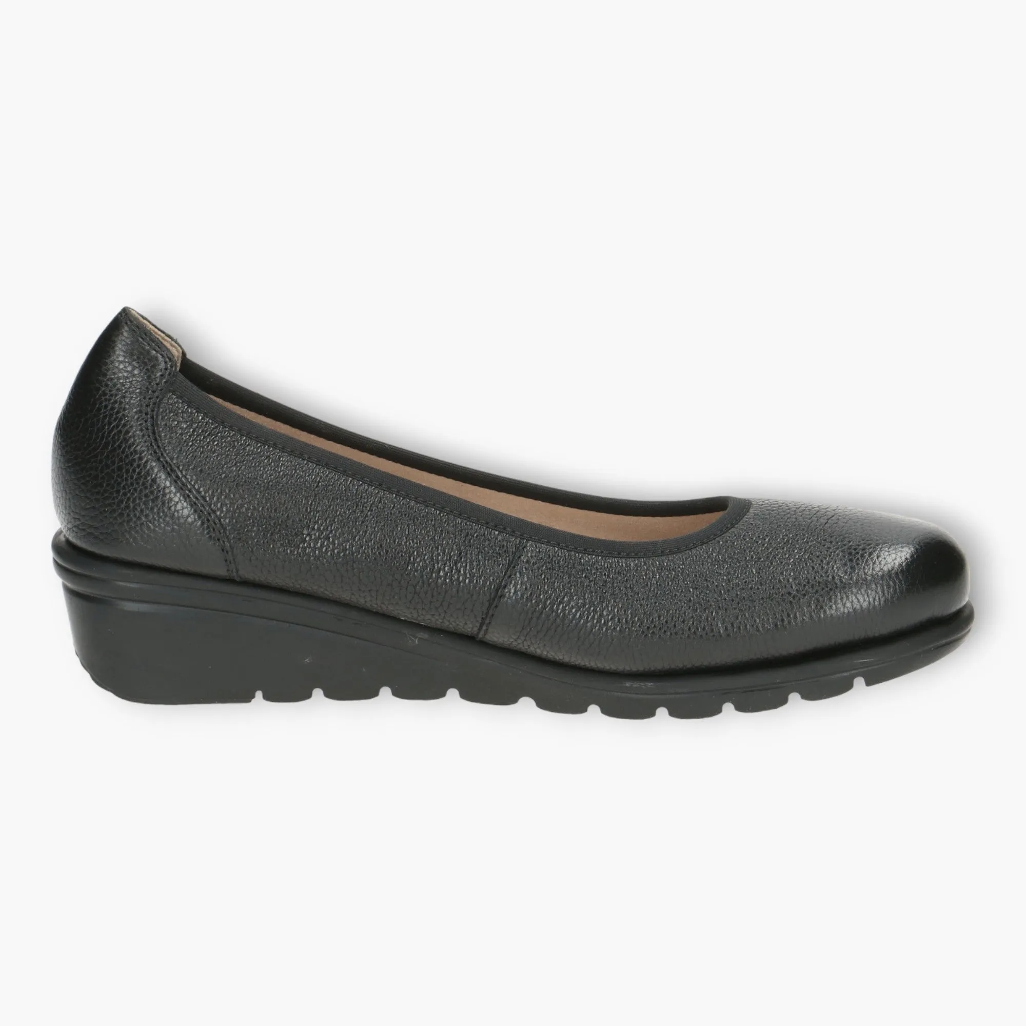 Caprice Black Leather Ballerina Shoes with Wedge Sole and Elasticated Opening