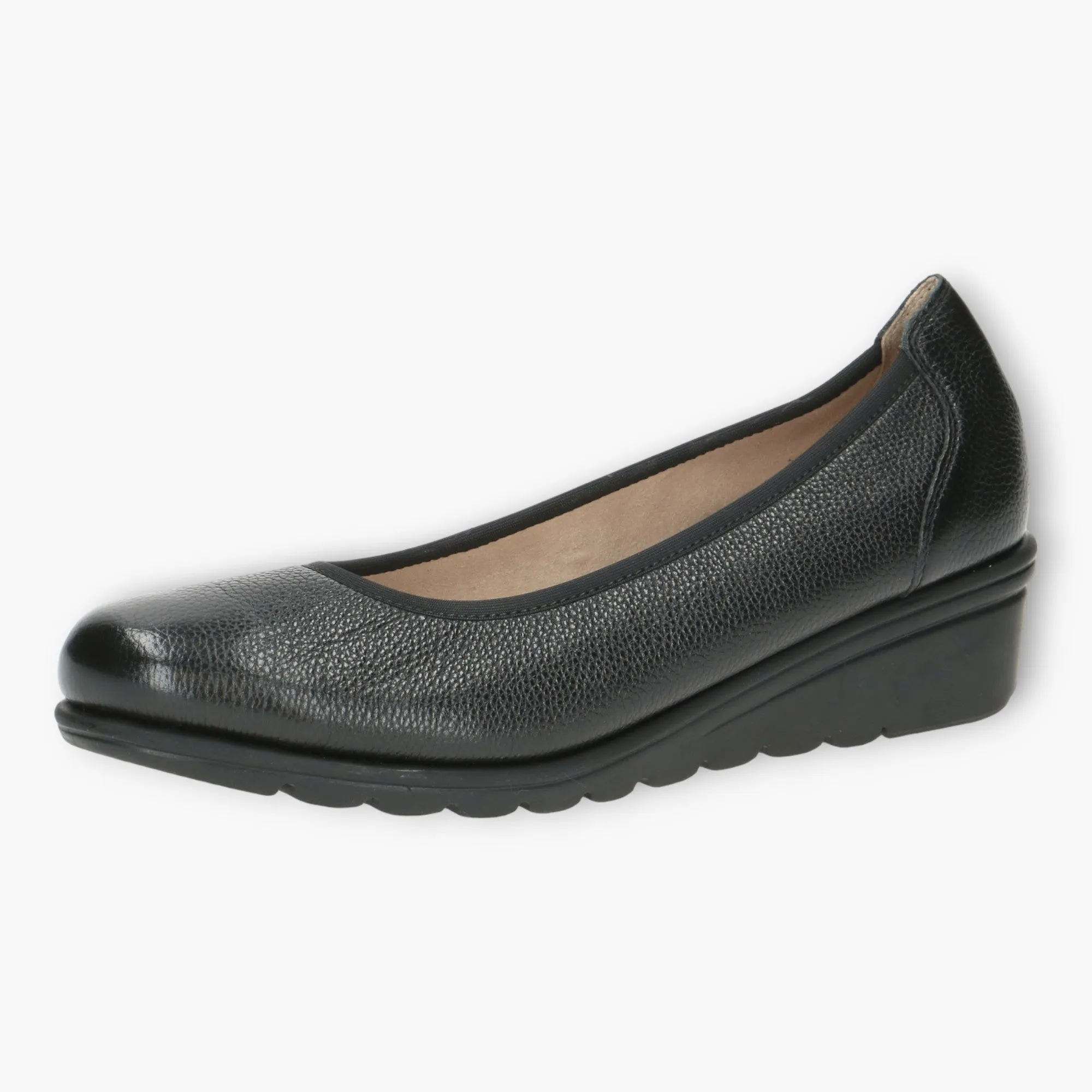 Caprice Black Leather Ballerina Shoes with Wedge Sole and Elasticated Opening