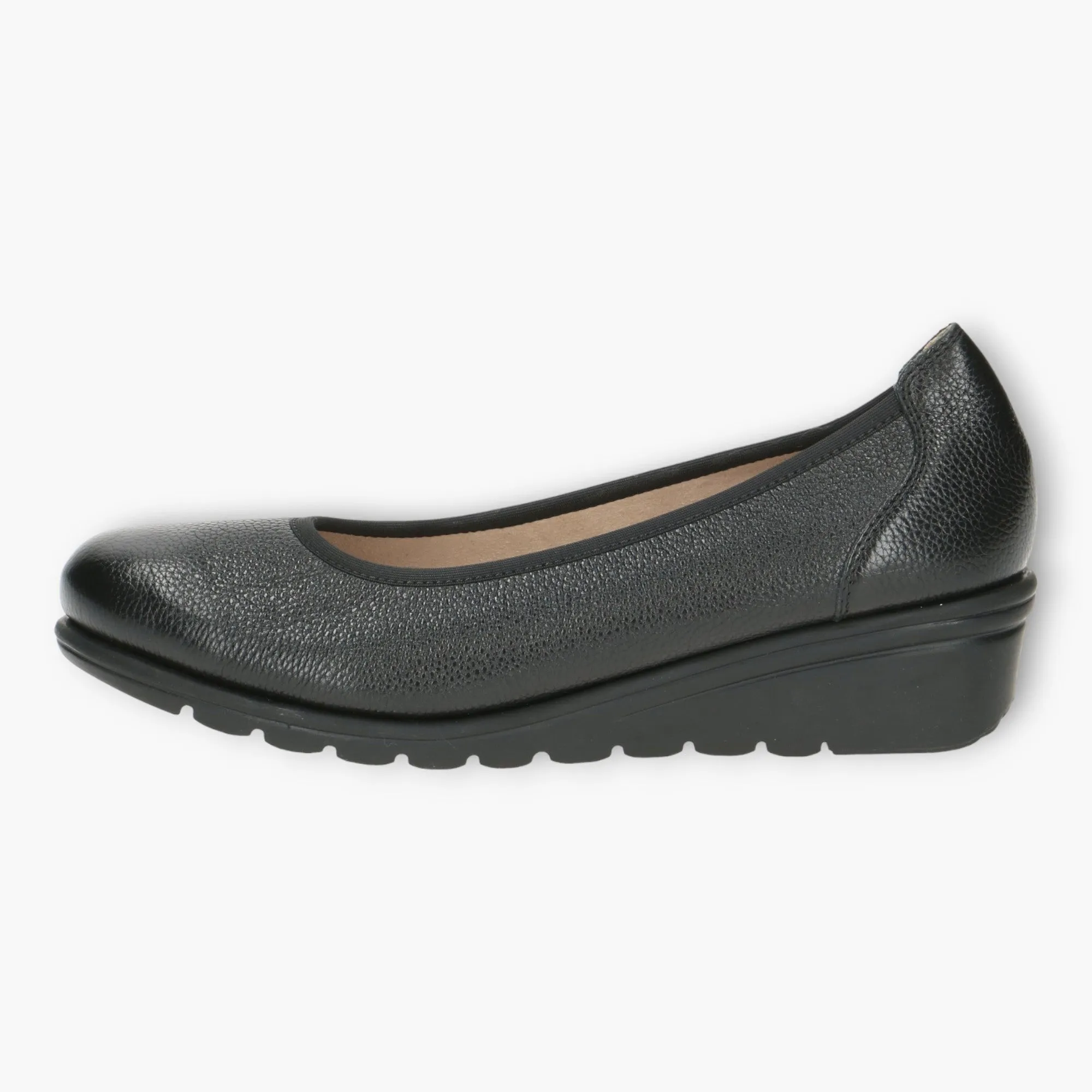 Caprice Black Leather Ballerina Shoes with Wedge Sole and Elasticated Opening