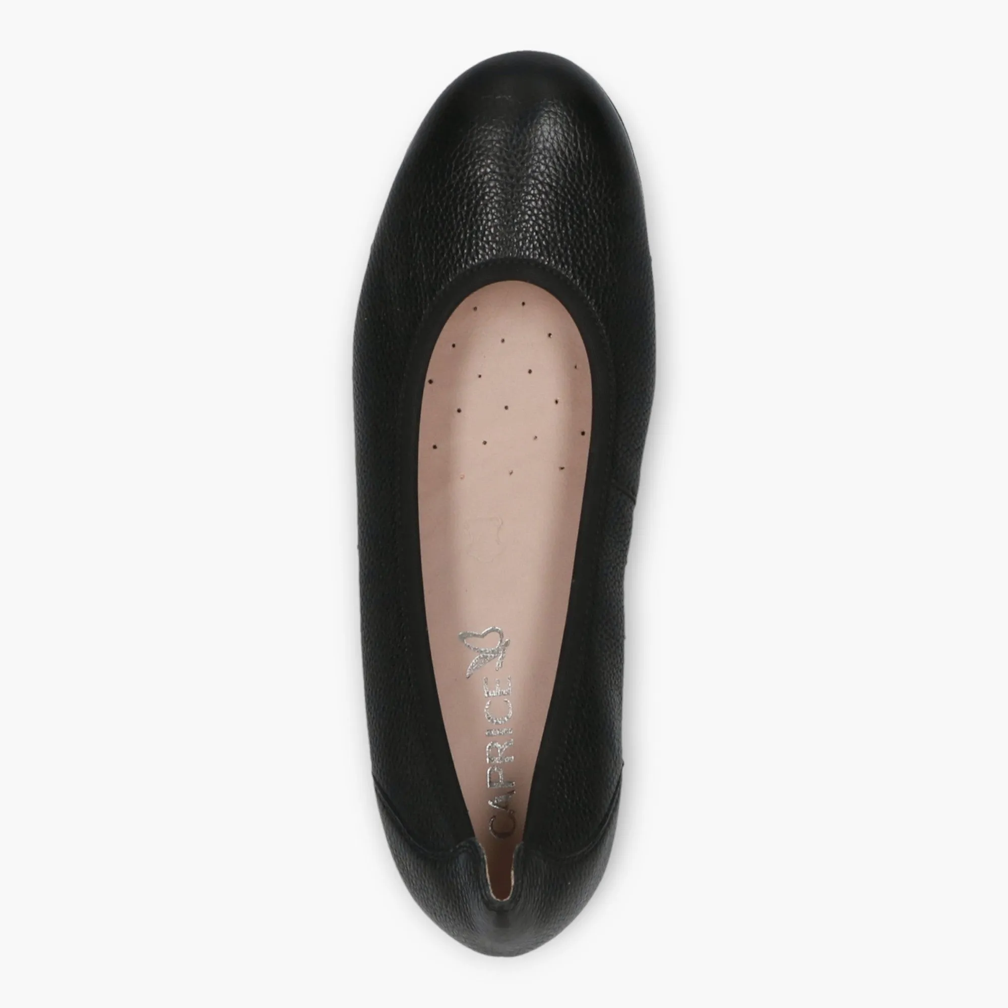 Caprice Black Leather Ballerina Shoes with Wedge Sole and Elasticated Opening