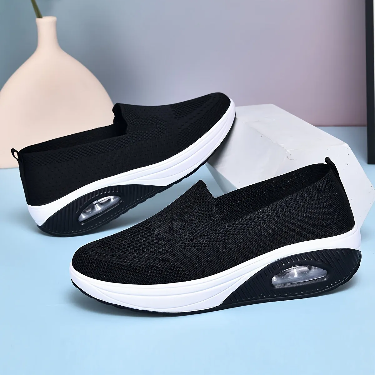 Cozy Knitted Wedge Sneakers - Soft, Breathable, Air-Cushion Platform Shoes with Slip-Resistant Soles for Comfortable Autumn Walking - Perfect for Casual, Daily Wear