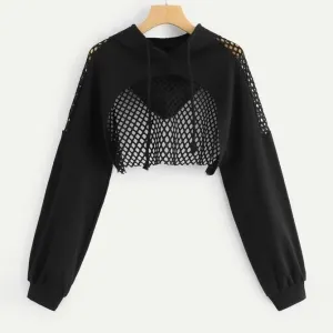 Cutout Mesh Insert Cropped Hoodie