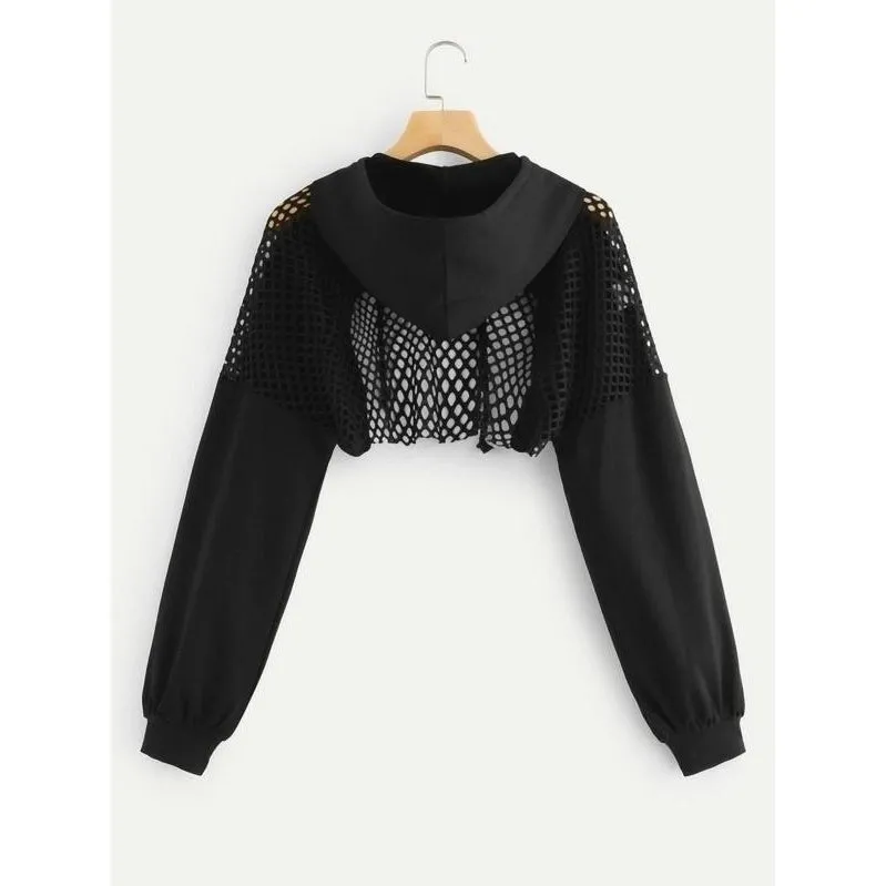 Cutout Mesh Insert Cropped Hoodie