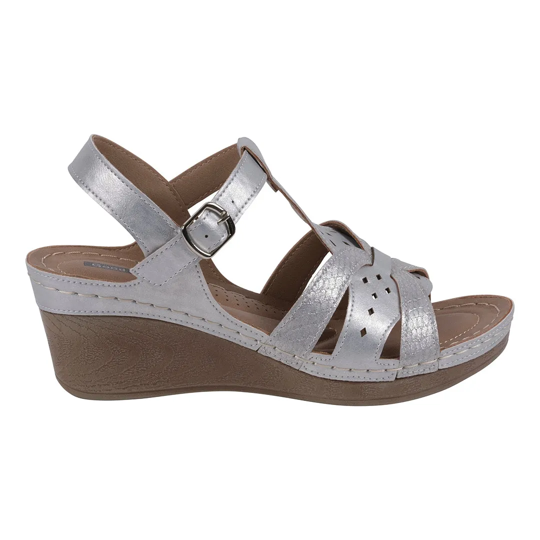 Darry Silver Perforated T-Strap Slingback Wedge Sandals