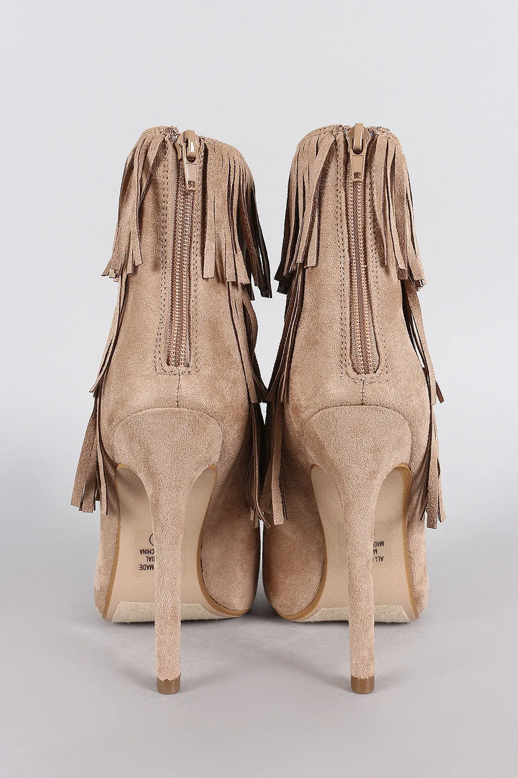 Delicious Suede Triple Layered Fringe Peep Toe Stiletto Booties