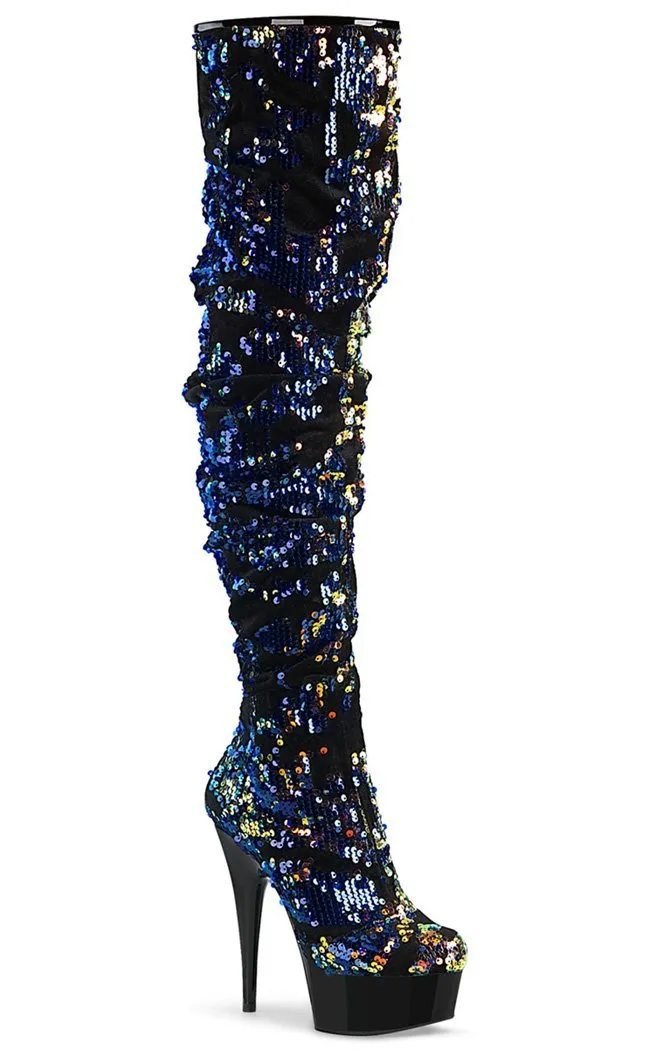 DELIGHT-3004 Blue Sequin Thigh High Boots