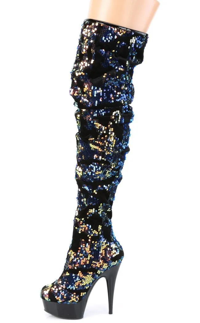 DELIGHT-3004 Blue Sequin Thigh High Boots